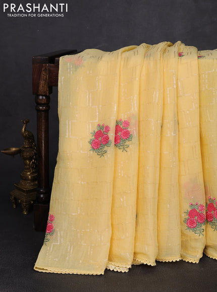 Chiffon saree yellow with sequin embroidery work and lace work border