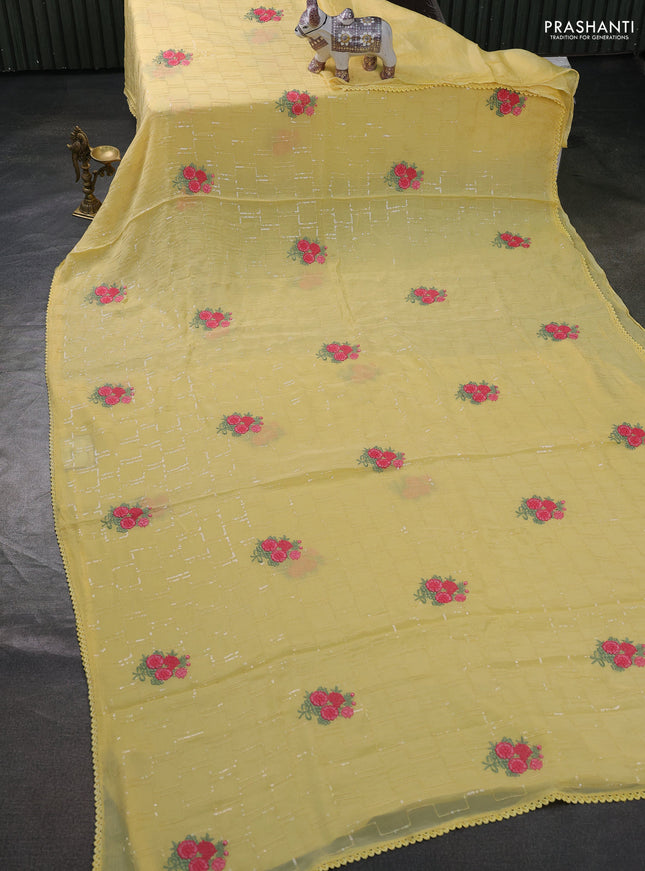 Chiffon saree yellow with sequin embroidery work and lace work border
