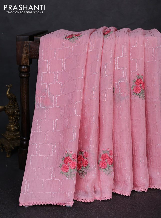 Chiffon saree light pink with sequin embroidery work and lace work border
