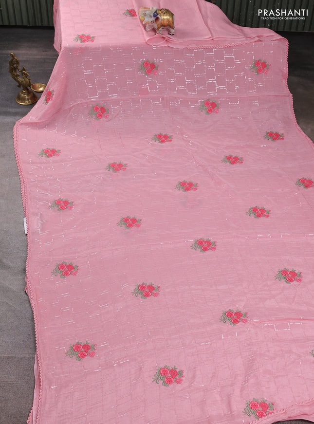 Chiffon saree light pink with sequin embroidery work and lace work border