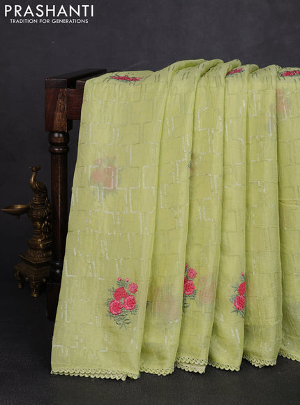 Chiffon saree pista green with sequin embroidery work and lace work border
