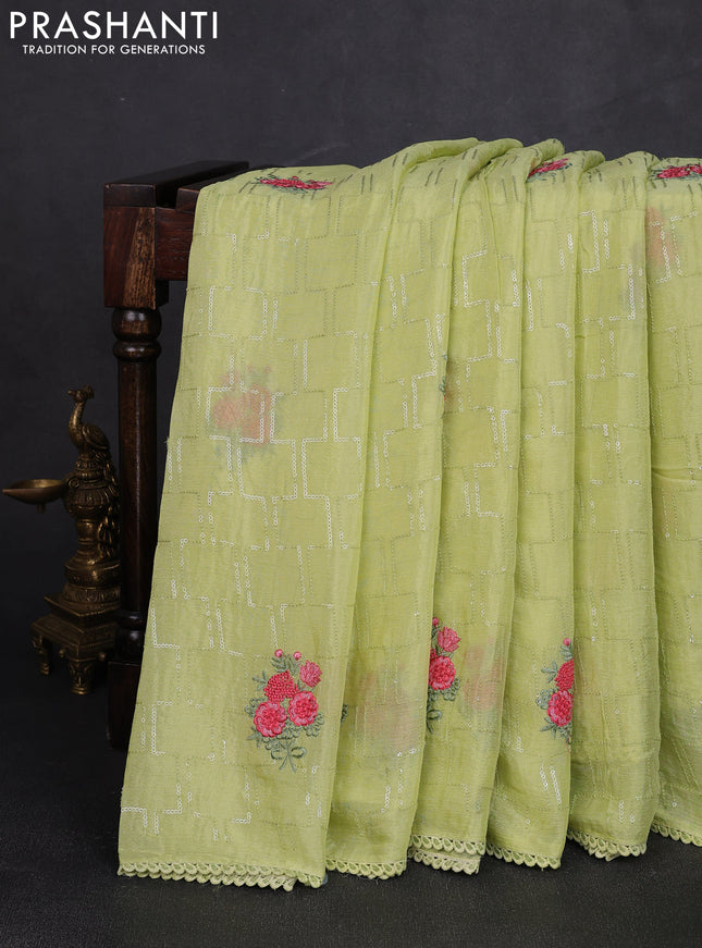 Chiffon saree pista green with sequin embroidery work and lace work border
