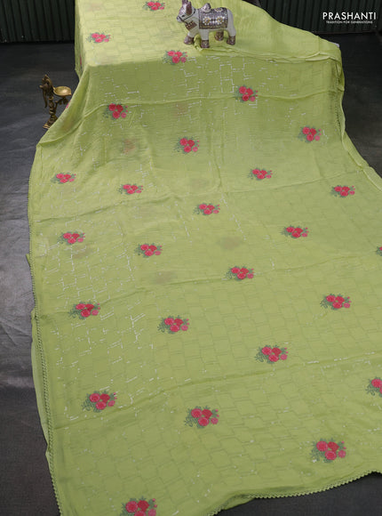 Chiffon saree pista green with sequin embroidery work and lace work border