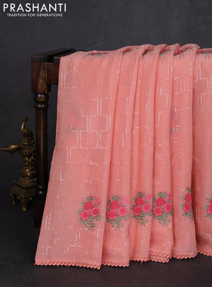 Chiffon saree peach with sequin embroidery work and lace work border