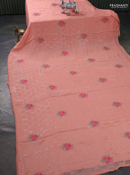 Chiffon saree peach with sequin embroidery work and lace work border