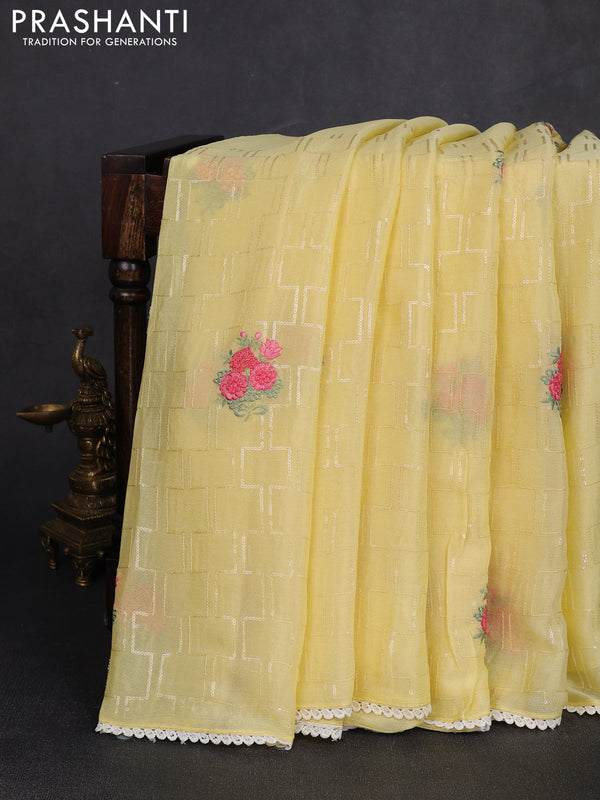 Chiffon saree pale yellow with sequin embroidery work and lace work border