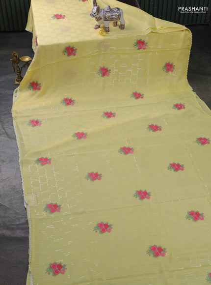 Chiffon saree pale yellow with sequin embroidery work and lace work border