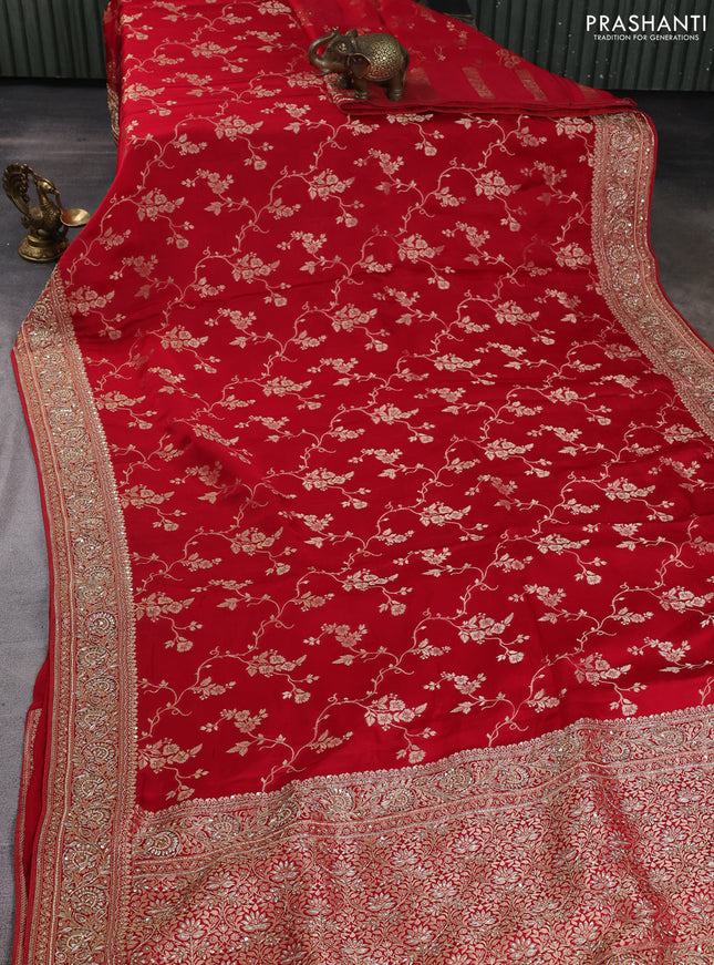 Banarasi silk saree red with allover zari woven weaves and zardosi work pallu & border