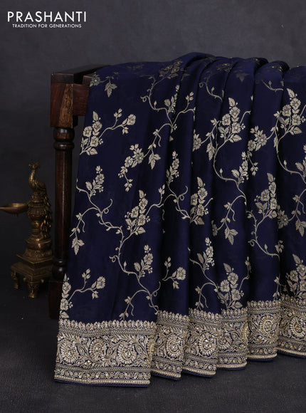 Banarasi silk saree navy blue with allover zari woven weaves and zardosi work pallu & border