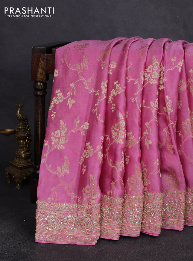 Banarasi silk saree light pink with allover zari woven weaves and zardosi work pallu & border