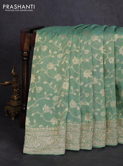 Banarasi silk saree pastel green with allover zari woven weaves and zardosi work pallu & border