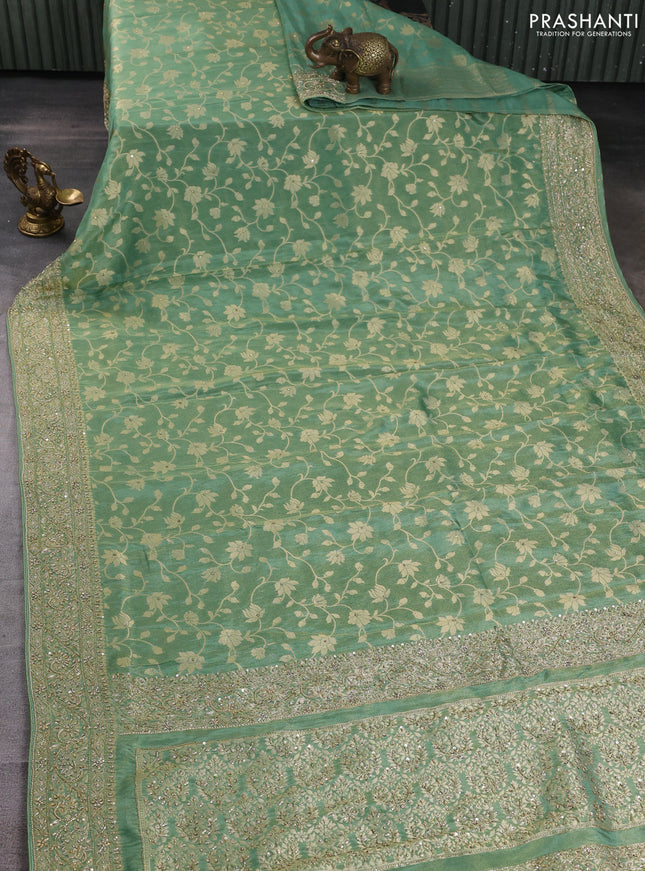 Banarasi silk saree pastel green with allover zari woven weaves and zardosi work pallu & border