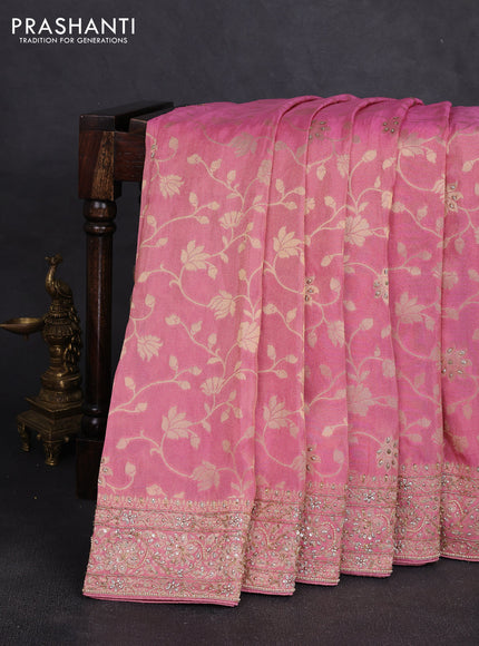 Banarasi silk saree peach pink with allover zari woven weaves and zardosi work pallu & border