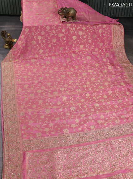 Banarasi silk saree peach pink with allover zari woven weaves and zardosi work pallu & border