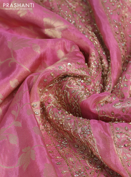 Banarasi silk saree peach pink with allover zari woven weaves and zardosi work pallu & border