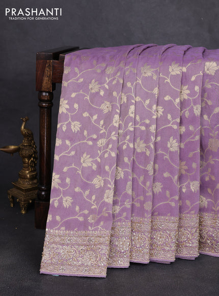 Banarasi silk saree lavender with allover zari woven weaves and zardosi work pallu & border