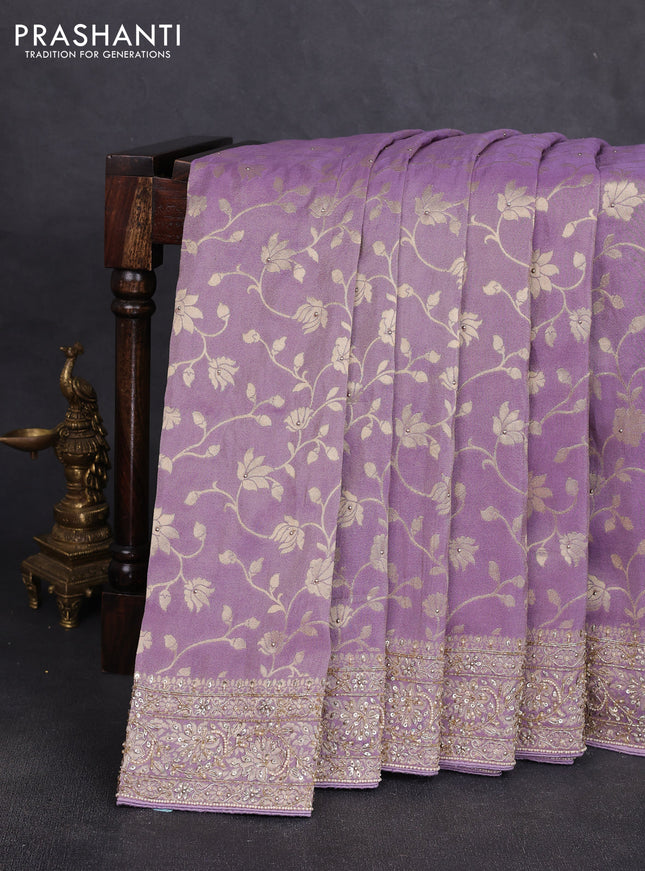 Banarasi silk saree lavender with allover zari woven weaves and zardosi work pallu & border