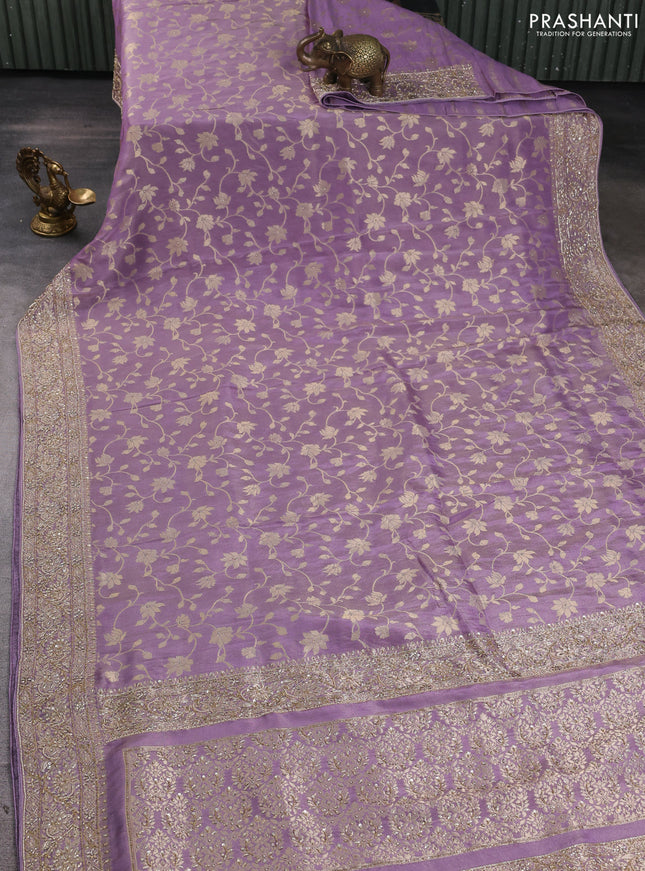 Banarasi silk saree lavender with allover zari woven weaves and zardosi work pallu & border