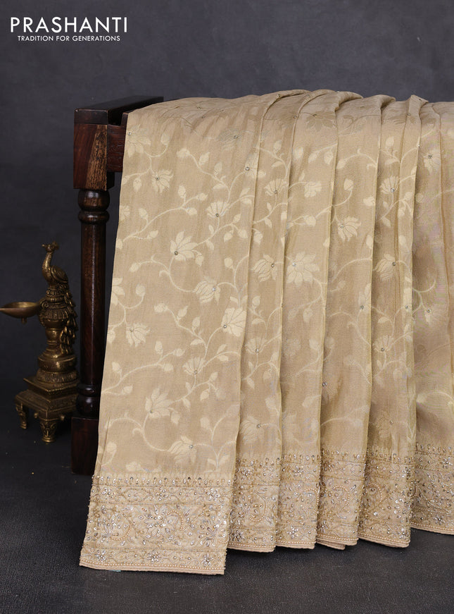 Banarasi silk saree beige with allover zari woven weaves and zardosi work pallu & border