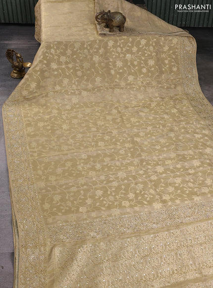 Banarasi silk saree beige with allover zari woven weaves and zardosi work pallu & border