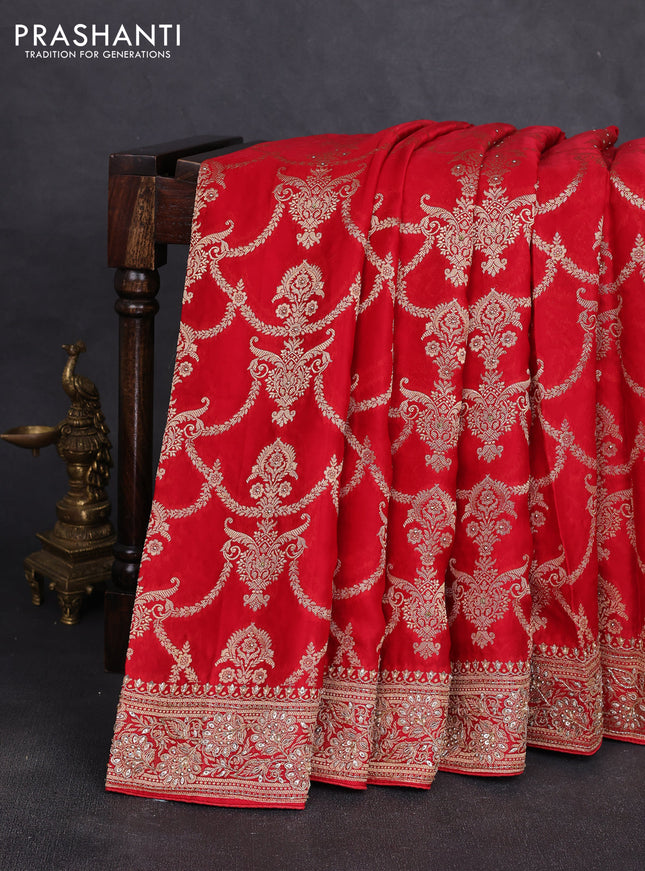Banarasi silk saree red with allover zari woven weaves and zardosi work pallu & border