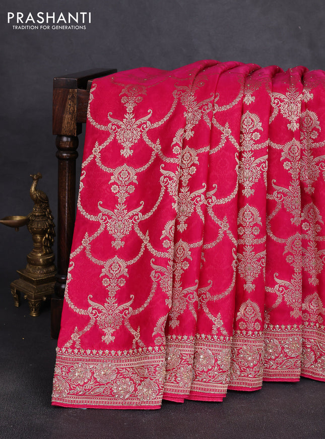 Banarasi silk saree pink with allover zari woven weaves and zardosi work pallu & border