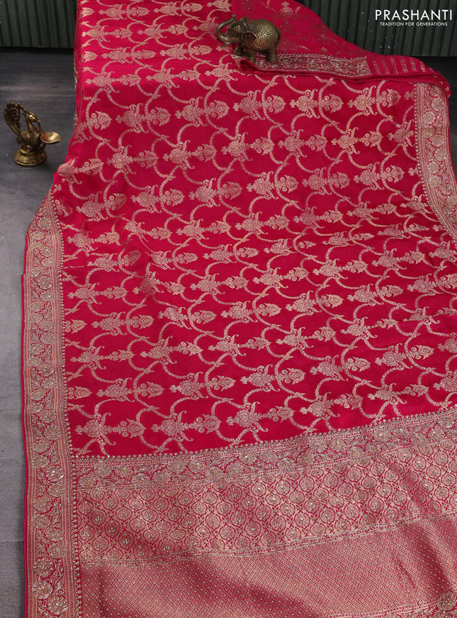 Banarasi silk saree pink with allover zari woven weaves and zardosi work pallu & border
