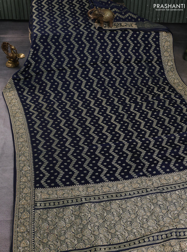 Banarasi silk saree navy blue with allover zari woven weaves and zardosi work pallu & border