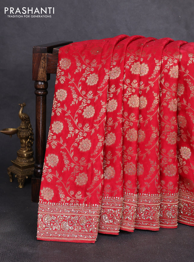 Banarasi silk saree red with allover zari woven weaves and zardosi work pallu & border