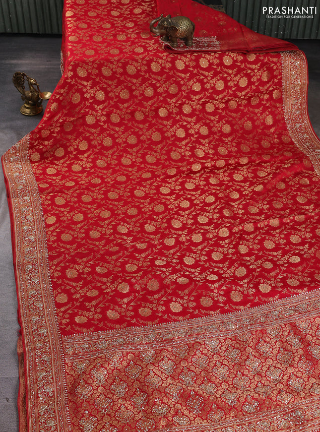 Banarasi silk saree red with allover zari woven weaves and zardosi work pallu & border