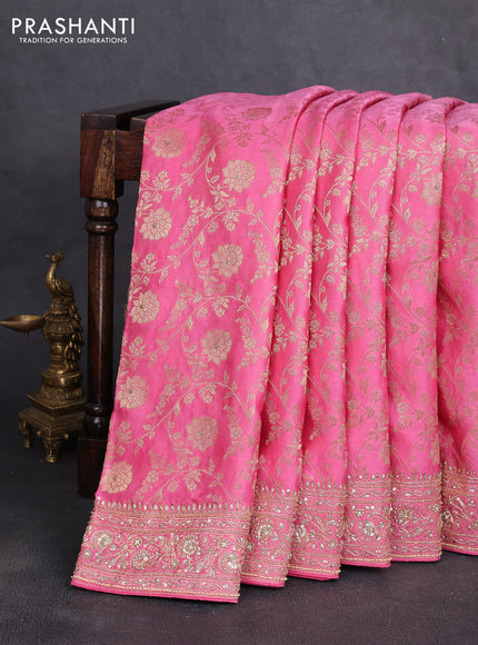 Banarasi silk saree peach pink with allover zari woven weaves and zardosi work pallu & border