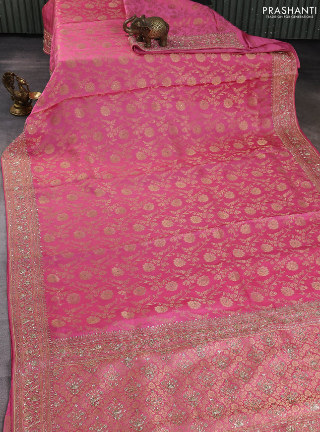 Banarasi silk saree peach pink with allover zari woven weaves and zardosi work pallu & border