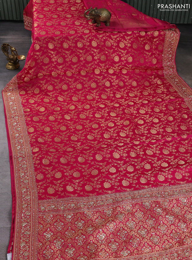 Banarasi silk saree dark pink with allover zari woven weaves and zardosi work pallu & border