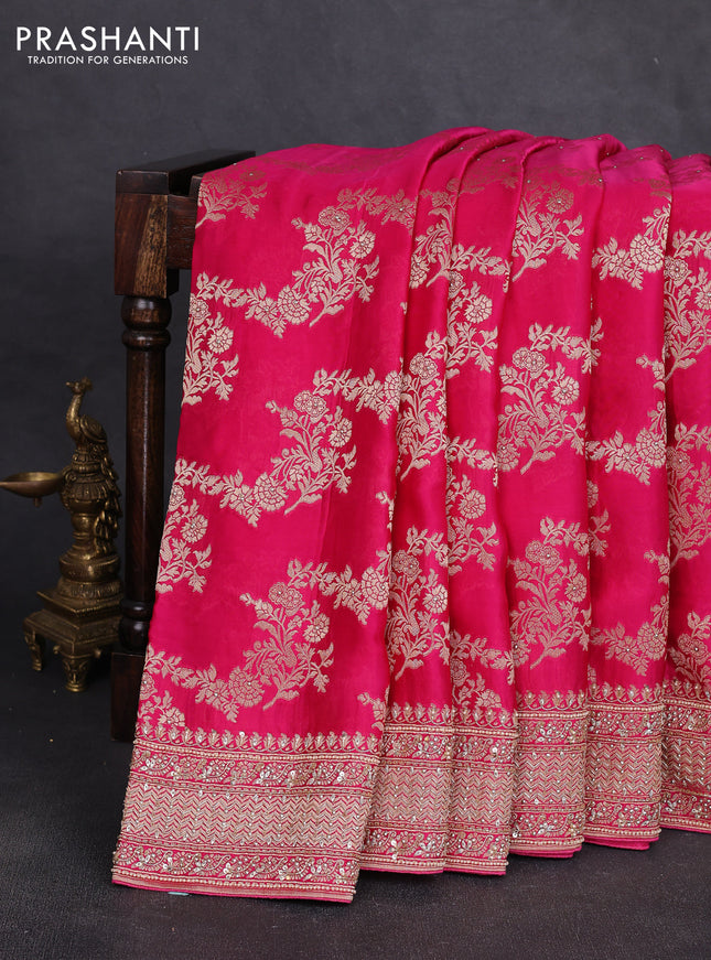 Banarasi silk saree pink with allover zari woven weaves and zardosi work pallu & border