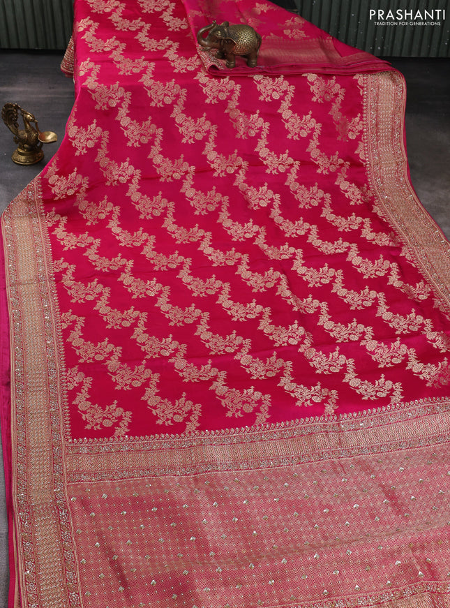 Banarasi silk saree pink with allover zari woven weaves and zardosi work pallu & border