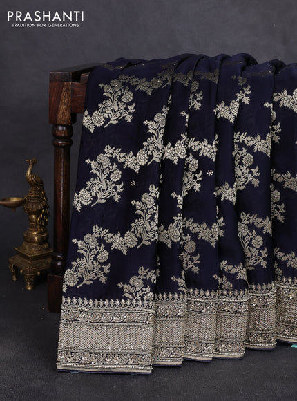 Banarasi silk saree navy blue with allover zari woven buttas and zardosi work pallu & border