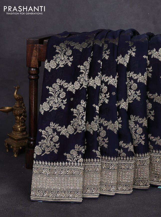 Banarasi silk saree navy blue with allover zari woven buttas and zardosi work pallu & border
