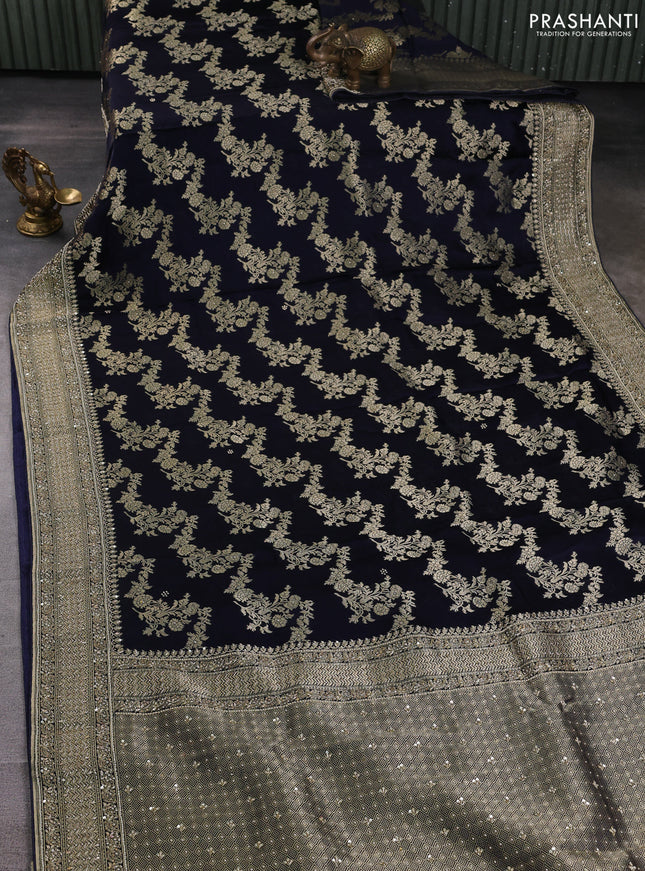 Banarasi silk saree navy blue with allover zari woven buttas and zardosi work pallu & border