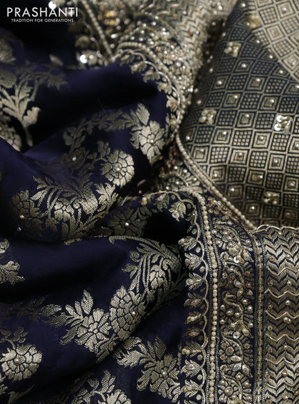 Banarasi silk saree navy blue with allover zari woven buttas and zardosi work pallu & border