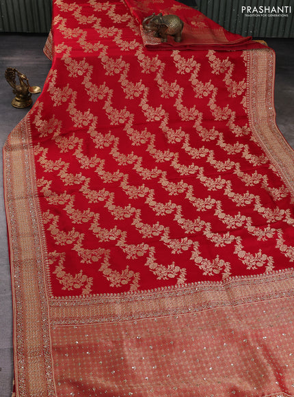 Banarasi silk saree red with allover zari woven weaves and zardosi work pallu & border