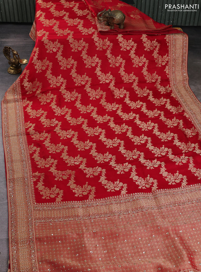 Banarasi silk saree red with allover zari woven weaves and zardosi work pallu & border