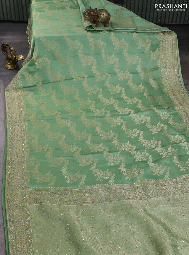Banarasi silk saree pista green with allover zari woven weaves and zardosi work pallu & border