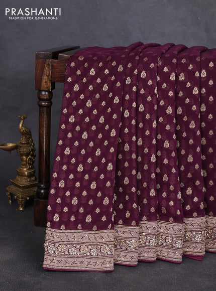 Banarasi silk saree deep wine with allover zari woven buttas and zardosi work pallu & border