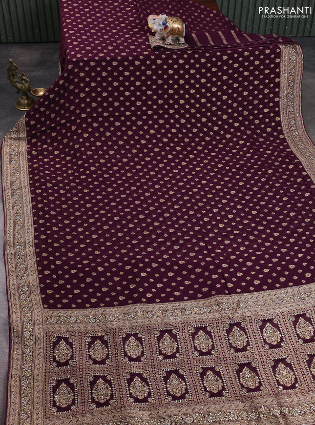Banarasi silk saree deep wine with allover zari woven buttas and zardosi work pallu & border
