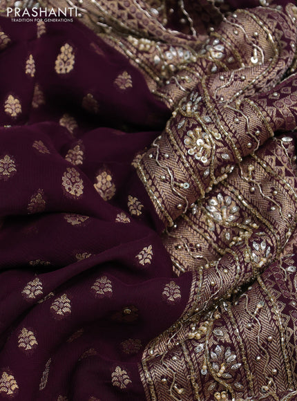 Banarasi silk saree deep wine with allover zari woven buttas and zardosi work pallu & border