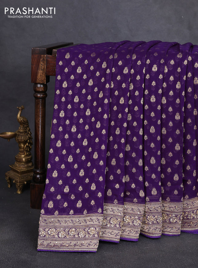 Banarasi silk saree deep purple with allover zari woven buttas and zardosi work pallu & border