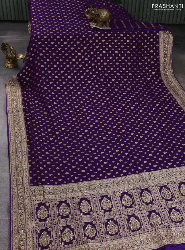 Banarasi silk saree deep purple with allover zari woven buttas and zardosi work pallu & border