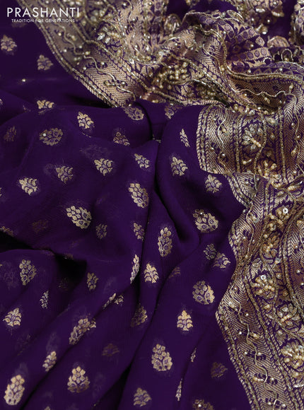 Banarasi silk saree deep purple with allover zari woven buttas and zardosi work pallu & border
