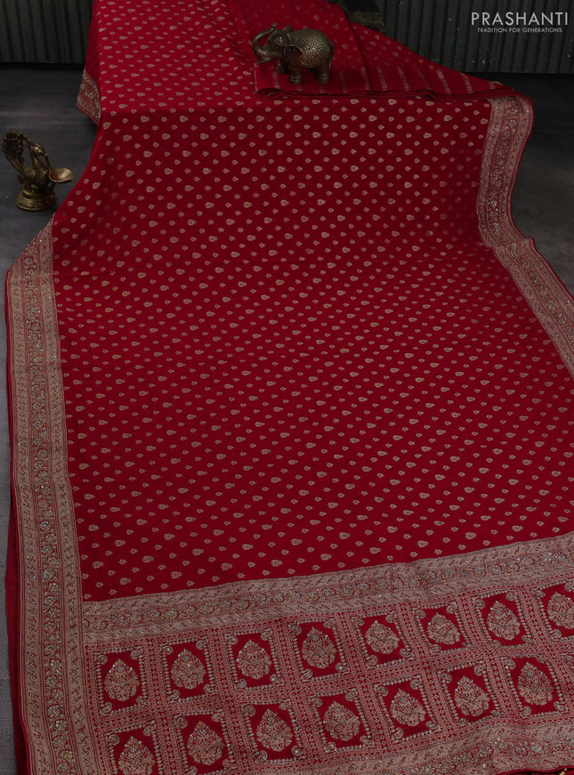 Banarasi silk saree red with allover zari woven buttas and zardosi work pallu & border