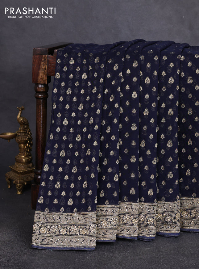 Banarasi silk saree navy blue with allover zari woven buttas and zardosi work pallu & border